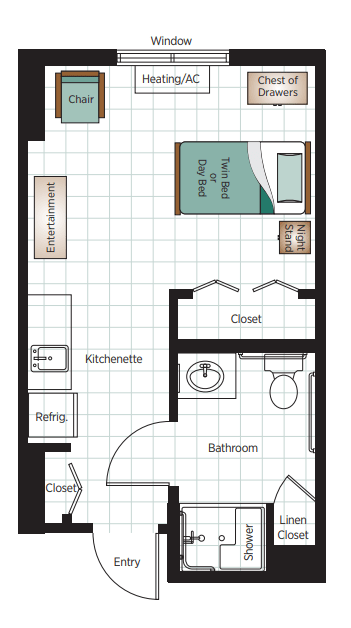 Studio apartment floor plan with kitchenette, bathroom, and bedroom area.