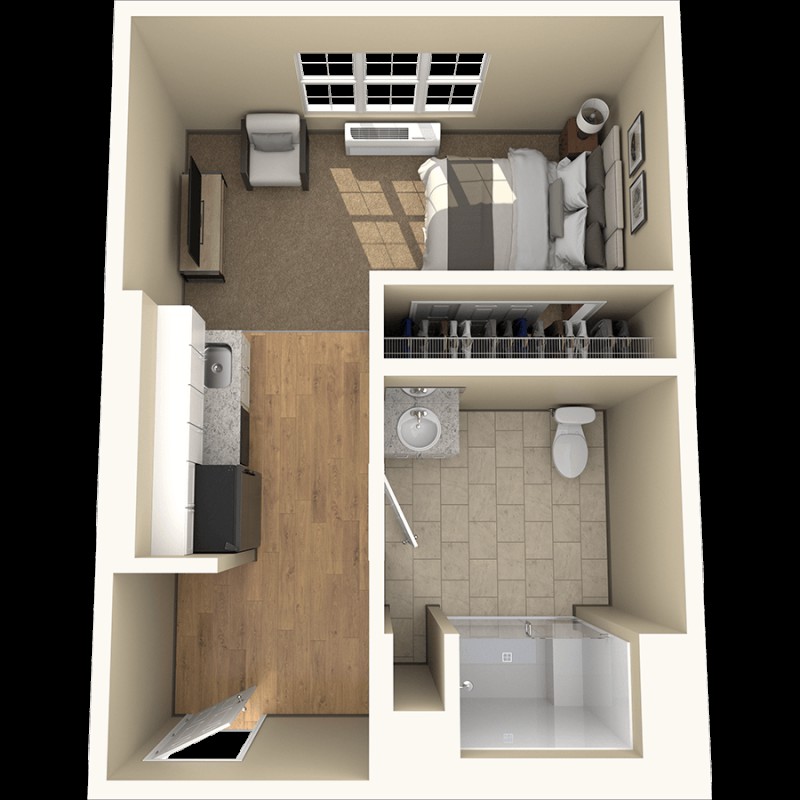 3D rendering of a compact studio apartment layout with distinct living, kitchen, and bathroom areas.