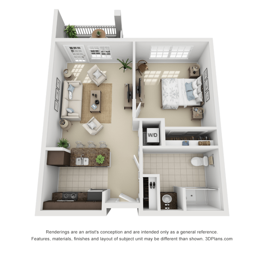 A 3D rendered floor plan of a one-bedroom apartment featuring a living room, kitchen, bathroom, and balcony.