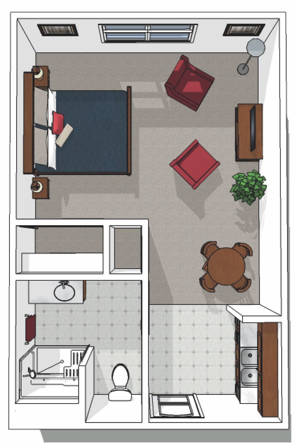 A floor plan of a compact apartment featuring a bedroom, living area, kitchen, and bathroom.