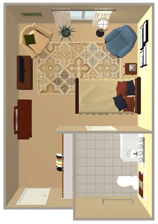 Top view of a furnished bedroom with an attached bathroom.