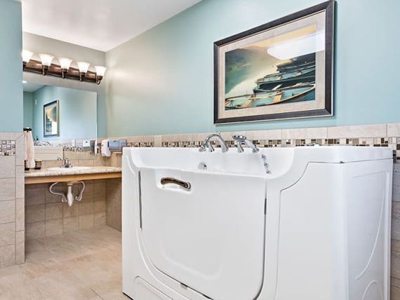 A modern bathroom featuring a walk-in tub with accessible design and stylish wall art.
