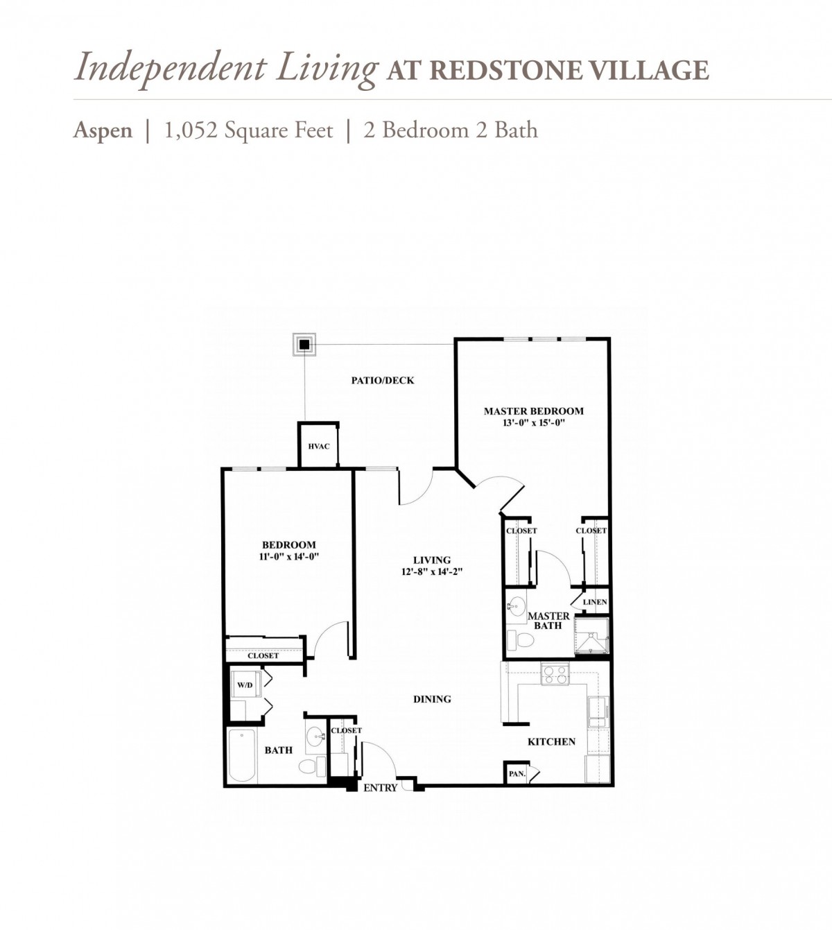 Floor plan of an independent living apartment at Redstone Village featuring 2 bedrooms and a study.