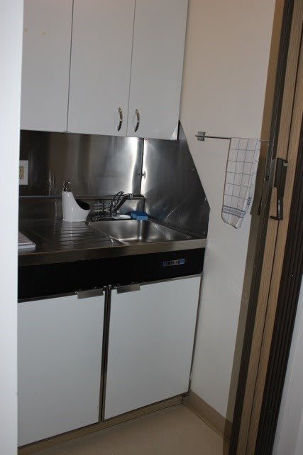 A compact kitchen area with a sink, cabinets, and metal backsplash.