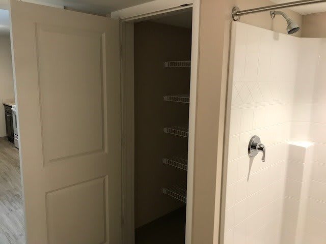 A bathroom with an open closet door next to a shower and towel rack.