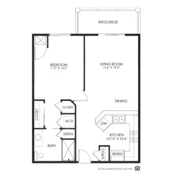 One-bedroom apartment floor plan with living room, kitchen, and balcony.