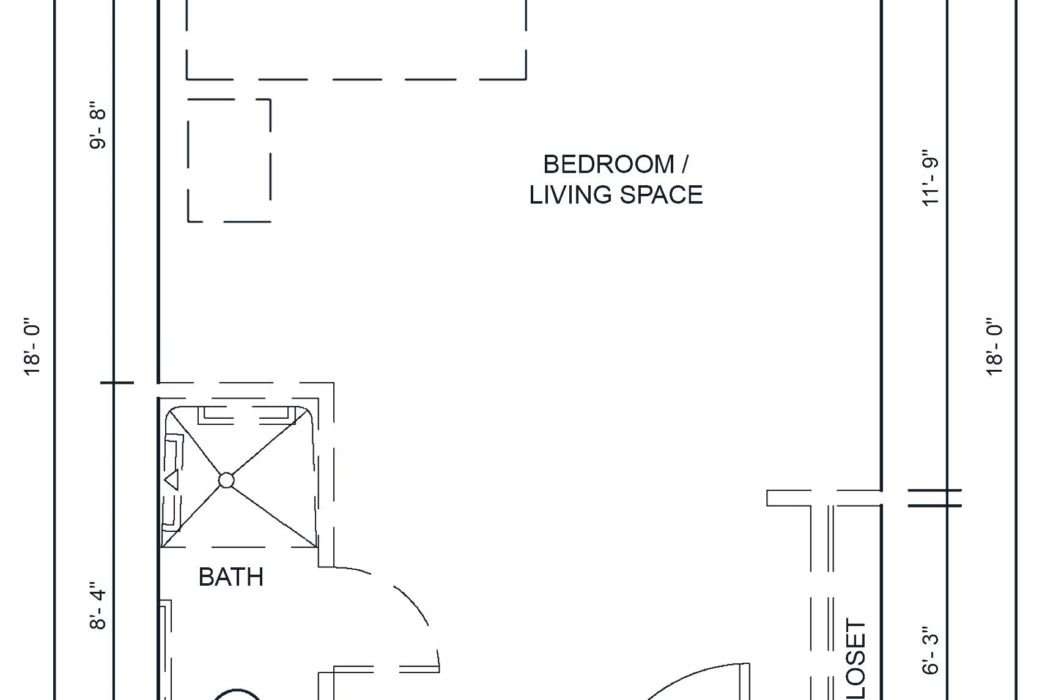 A floor plan depicting a combined bedroom and living space with an adjoining bathroom and closet.