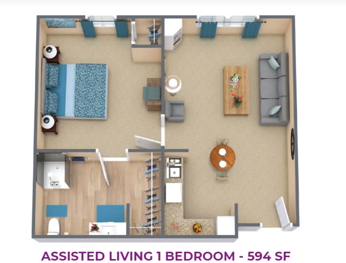Assisted living apartment floor plan with one bedroom and a total area of 594 square feet.