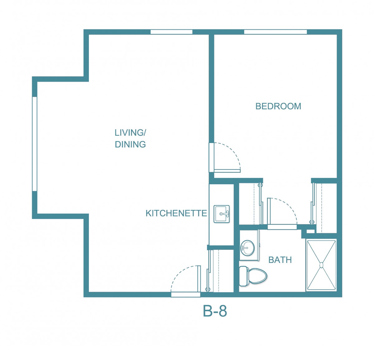 A floor plan of a one-bedroom apartment featuring a living and dining area, kitchenette, bathroom, and bedroom.