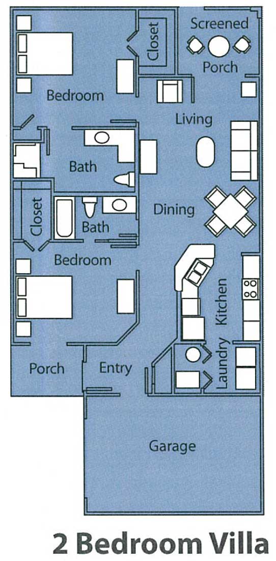 A detailed floor plan of a one-bedroom apartment, featuring a kitchen, dining area, living room, porch, and two bathrooms.