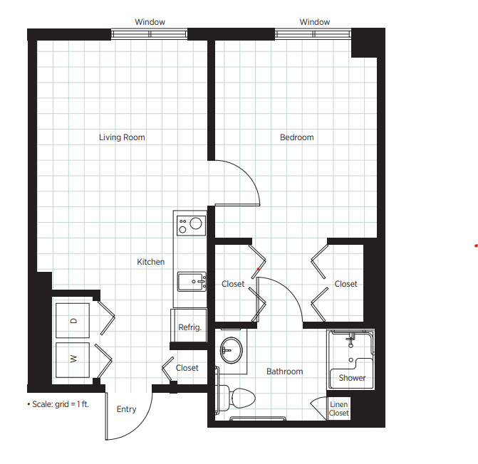 This image shows a floor plan for an apartment, featuring a living room, bedroom, kitchen, bathroom, and closets.