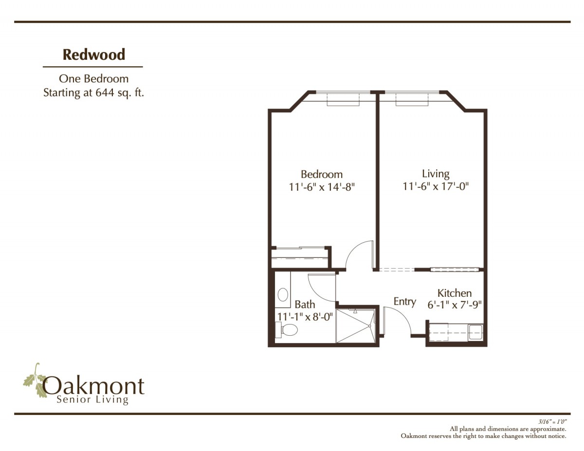 Floor plan of a one-bedroom apartment with living room, kitchen, and bathroom.