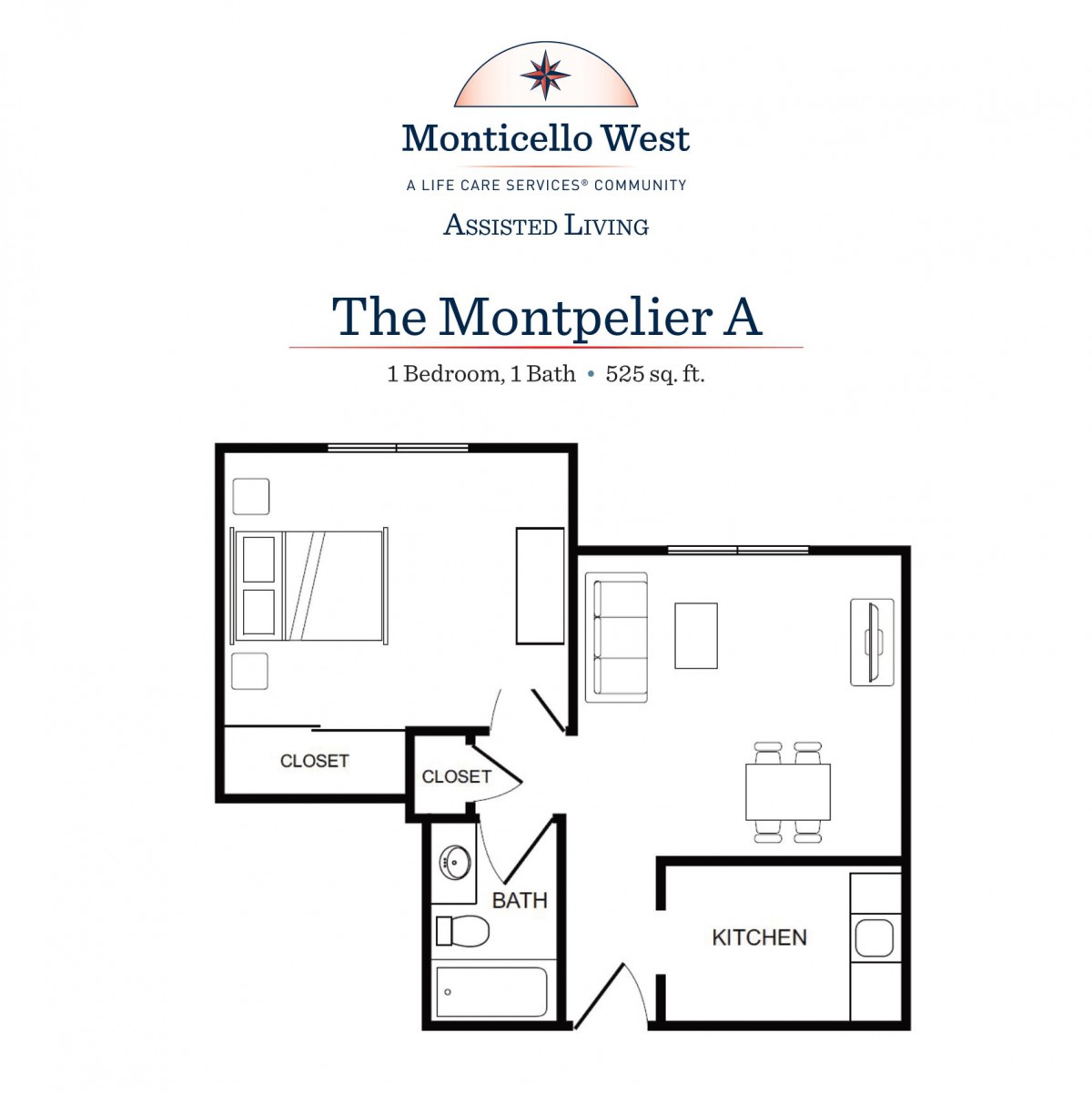Floor plan of The Montpelier A apartment with one bedroom and amenities.