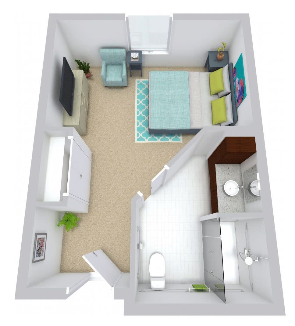 A detailed 3D floor plan of a compact one-bedroom apartment showcasing furniture arrangement and room layout.