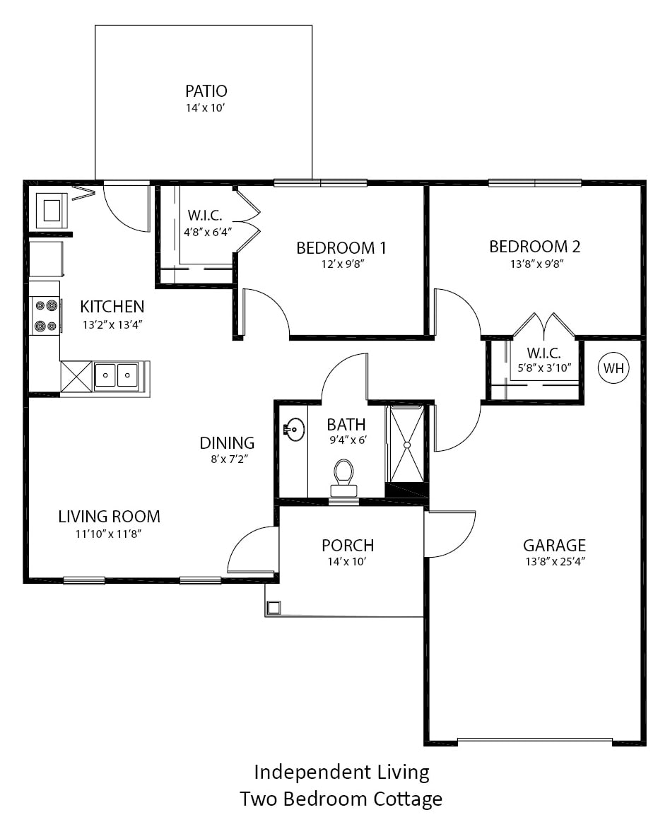 A floor plan illustration showing a two-bedroom house layout with labeled rooms including kitchen, living room, and garage.