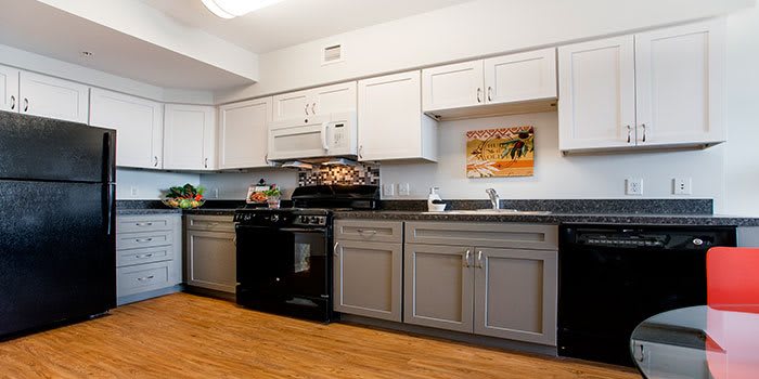 A modern kitchen with grey cabinets, black countertops, and stainless steel appliances.