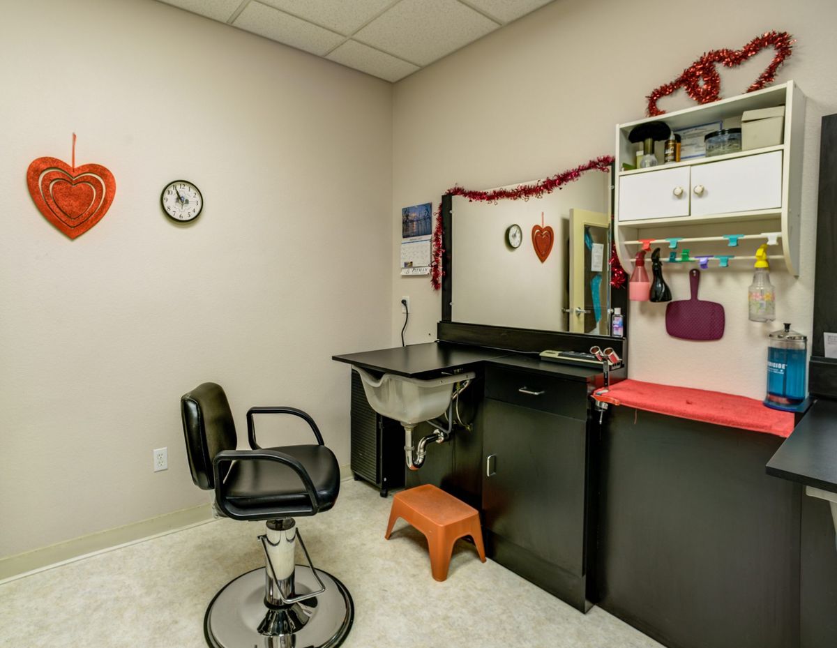 A cozy beauty salon space featuring a styling chair and mirror decorated with heart-themed accents.