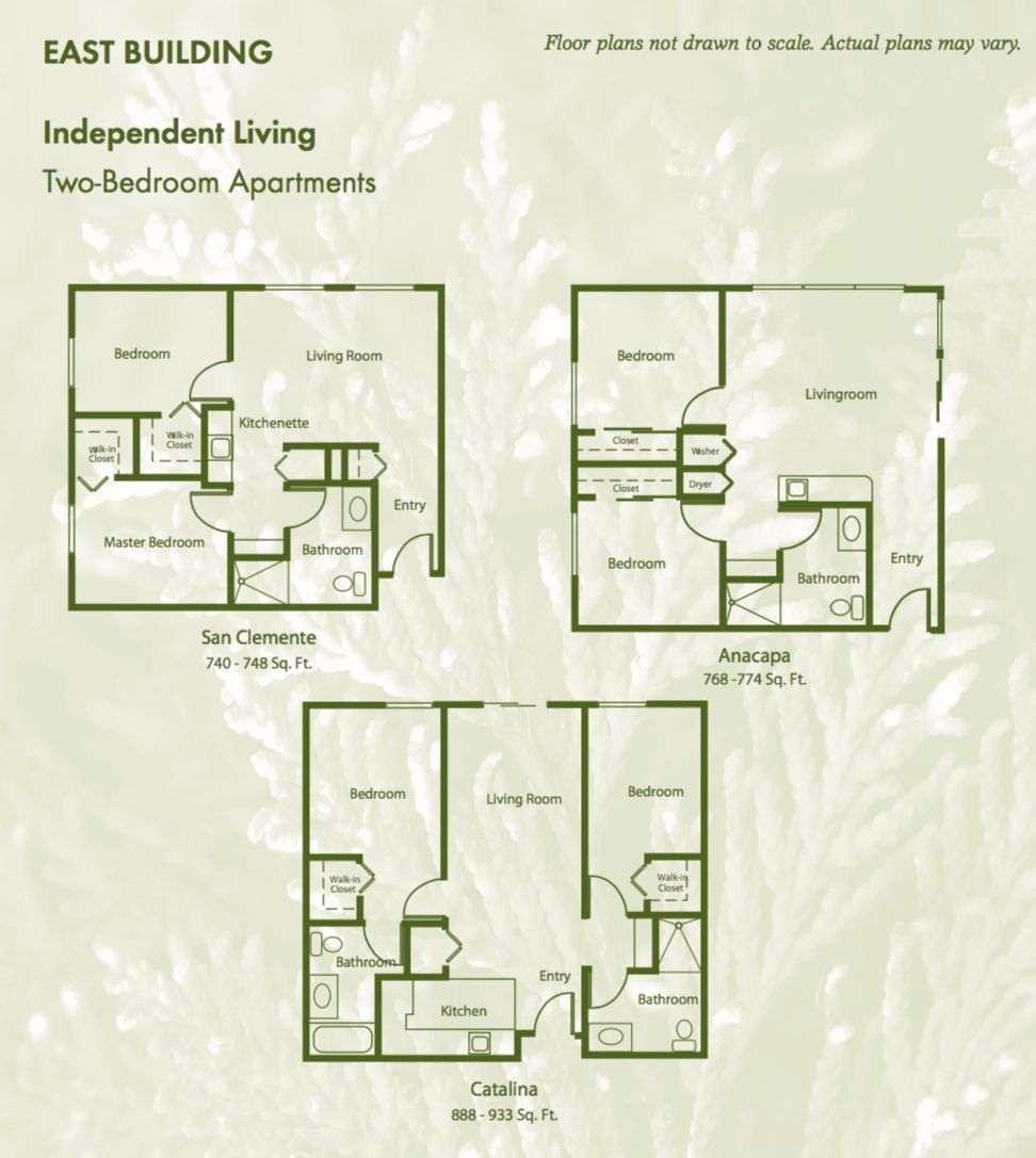 Floor plans for two-bedroom independent living apartments.
