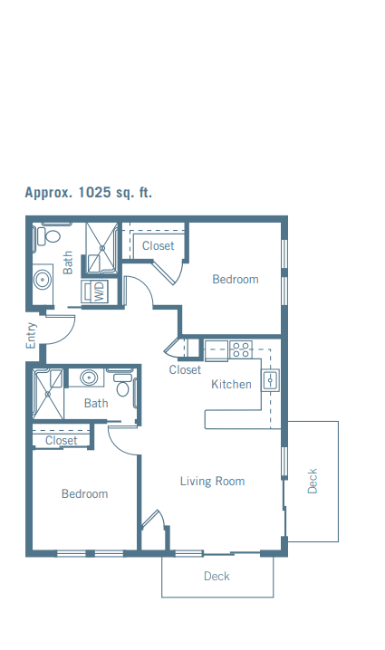 Floor plan of a two-bedroom, two-bathroom apartment layout.