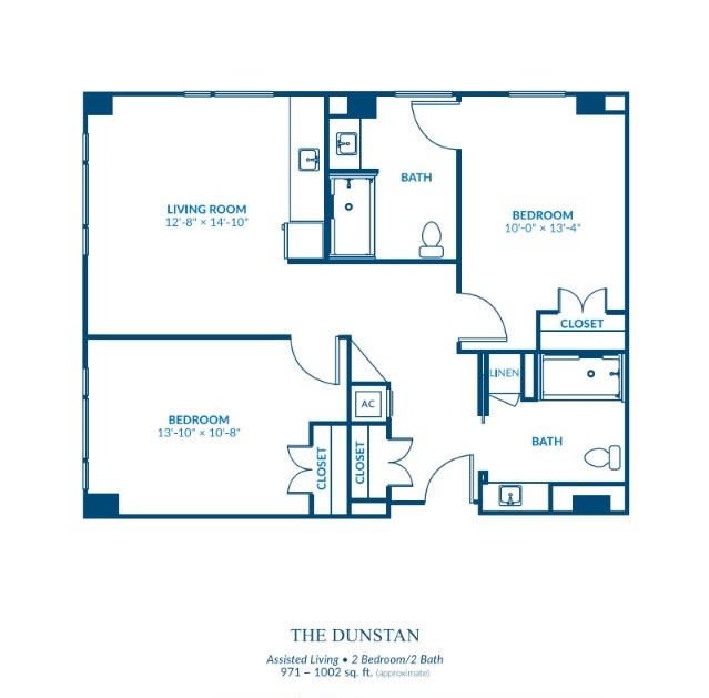 Floor plan of a two-bedroom apartment named 'The Dunstan'.