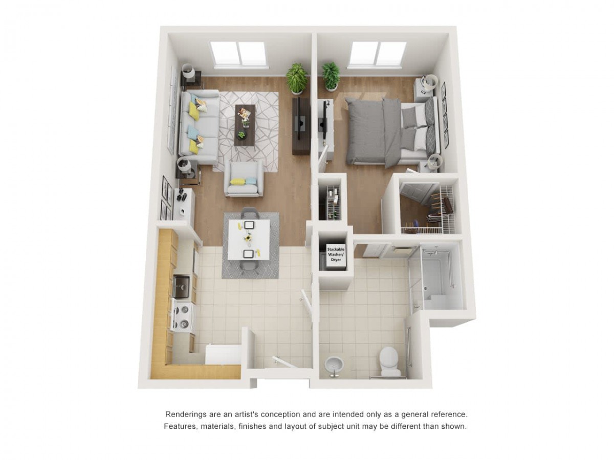 A 3D floor plan of a modern one-bedroom apartment showcasing the interior layout and furniture arrangement.