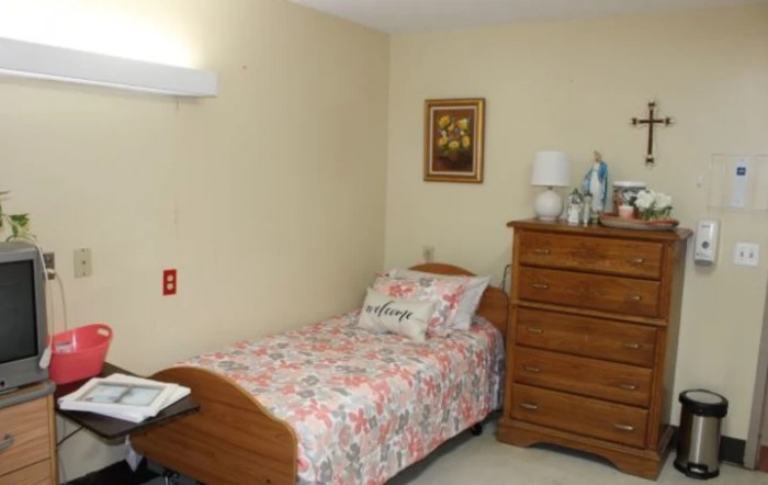 A cozy bedroom with a single bed and a wooden dresser.