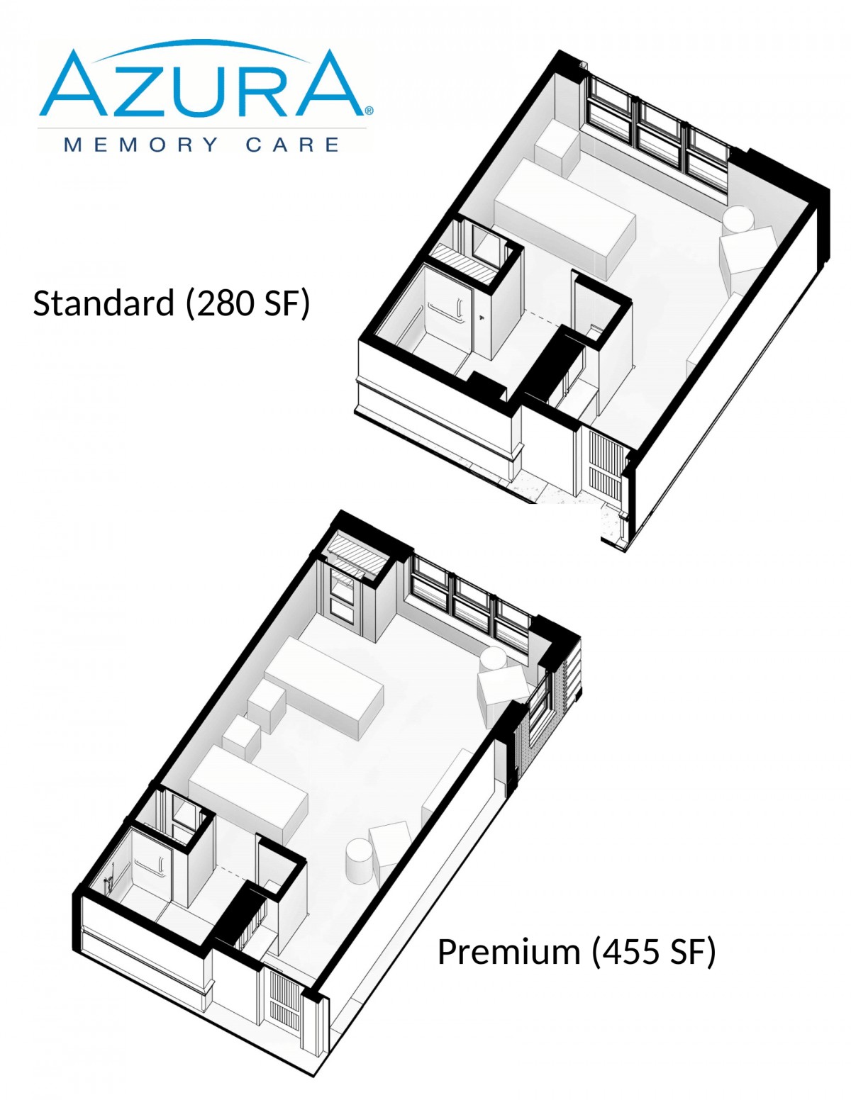 Comparison of Standard (280 SF) and Premium (455 SF) Memory Care Room Layouts
