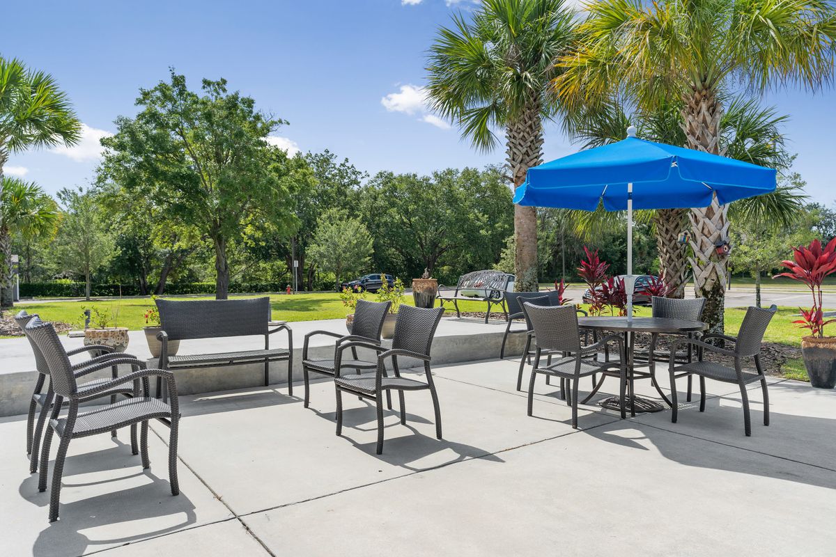 A sunny outdoor patio area featuring tables and chairs surrounded by lush greenery.