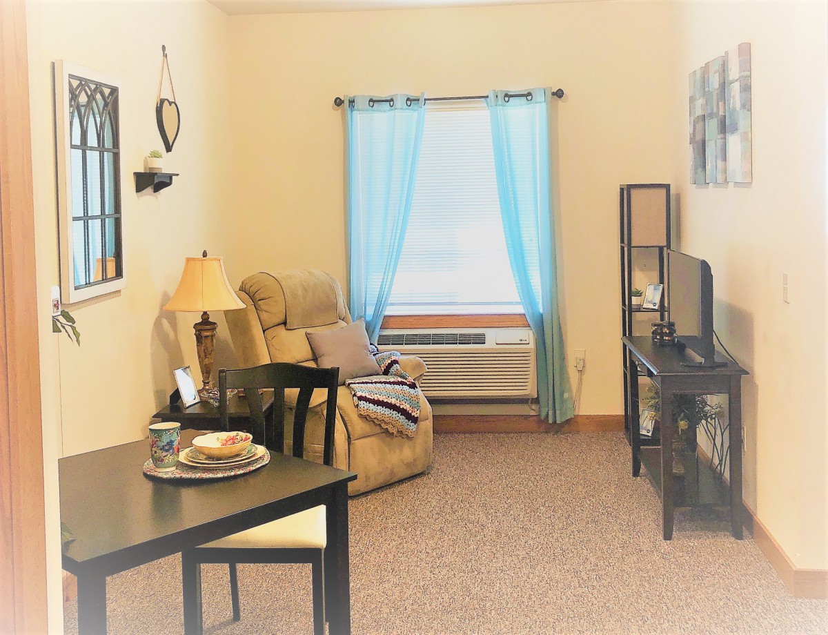 A cozy living room with natural light, featuring a comfortable chair, TV, and a small dining table.