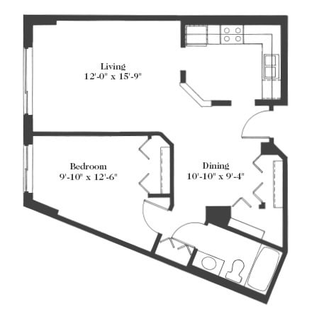 A floor plan of an apartment showing the layout of rooms including a living area, bedroom, and hallway.