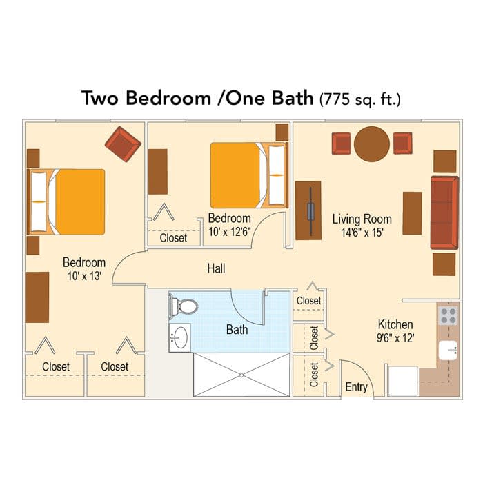 Two-bedroom, one-bathroom apartment layout with living room and kitchen.