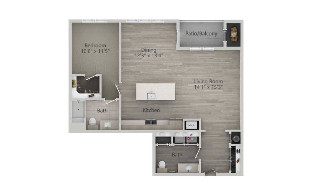A floor plan of a one-bedroom apartment featuring a living room, kitchen, bathroom, and study area.