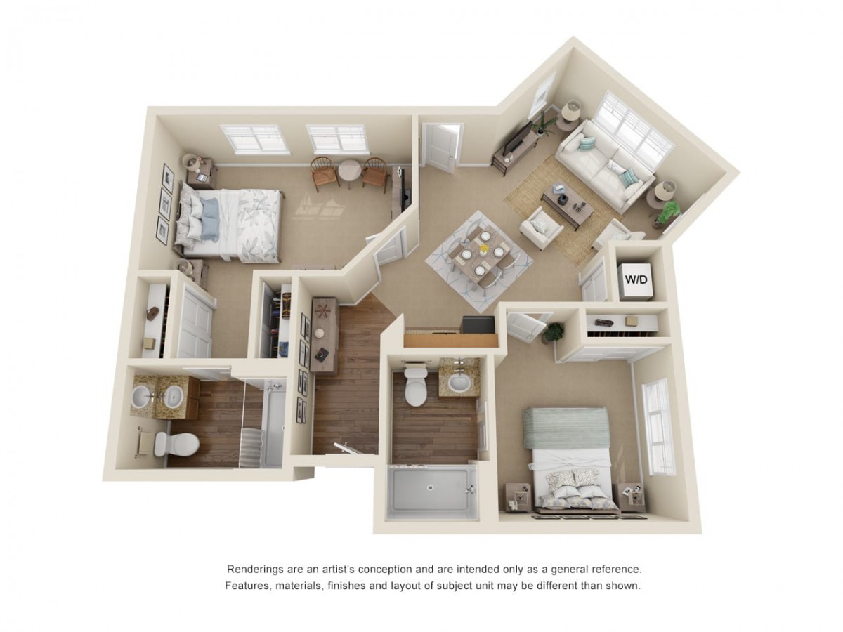 A 3D rendered floor plan of a two-bedroom apartment featuring a living room, kitchen, and bathroom.