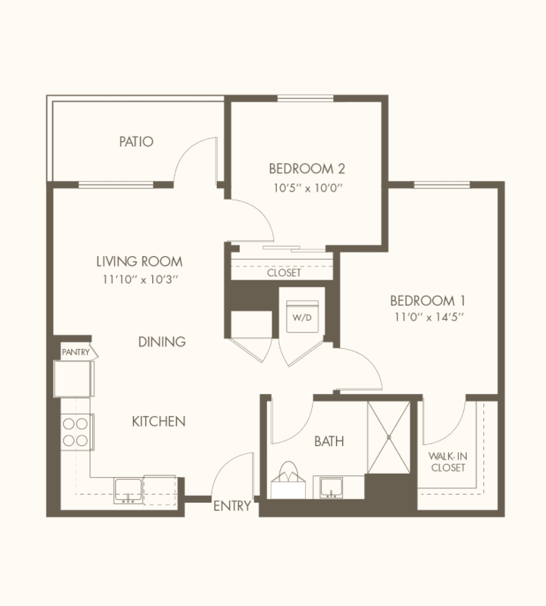A floor plan of a two-bedroom apartment with labeled areas for the living room, kitchen, bathroom, and bedrooms.