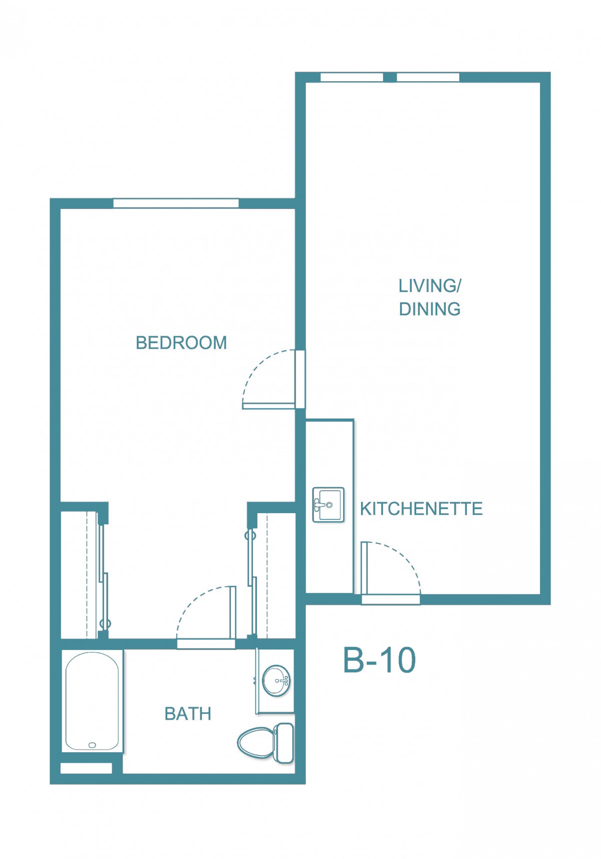 A floor plan of an apartment with one bedroom, a kitchenette, living/dining area, and a bathroom.