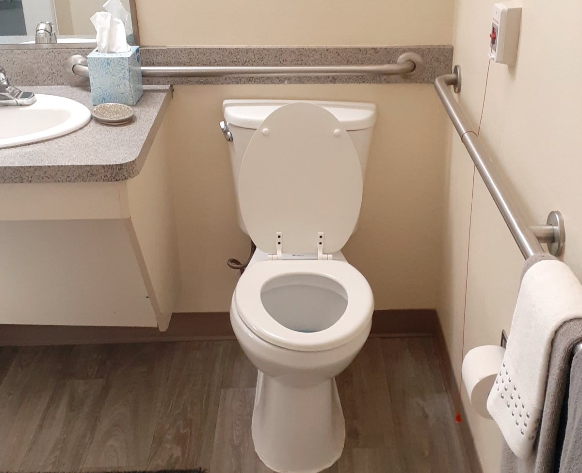 A clean and accessible bathroom with a toilet and support rails.