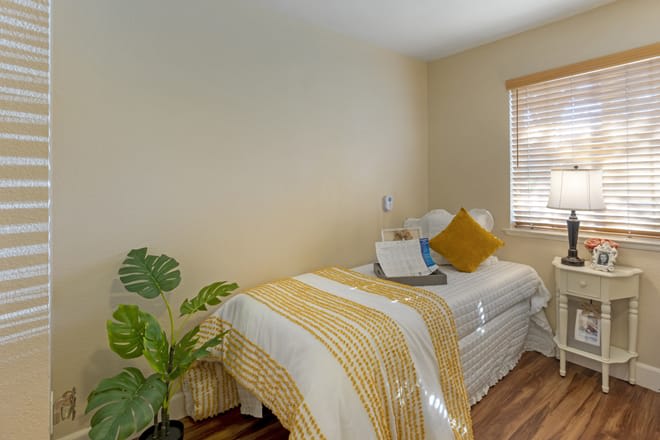 A cozy, minimalist bedroom with a single bed adorned with yellow and white bedding, complemented by natural light and indoor greenery.