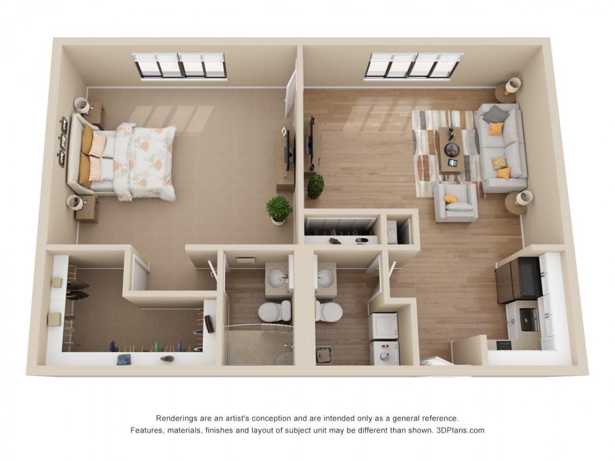 A 3D rendered floor plan showing a one-bedroom apartment with an open living room and kitchen area, a bathroom, and a spacious bedroom.