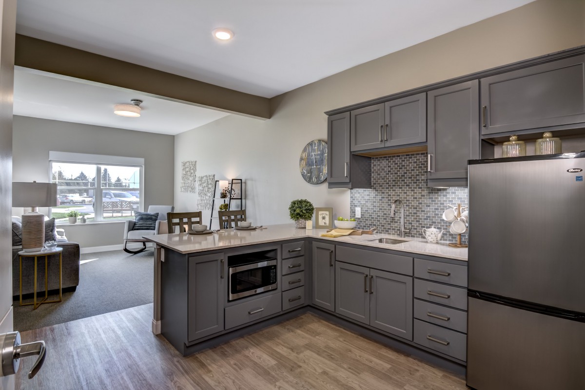 A modern kitchen with gray cabinetry and wood flooring.
