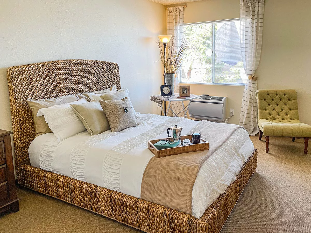 A cozy bedroom with a stylish bed and decorative pillows, illuminated by natural light from a large window.