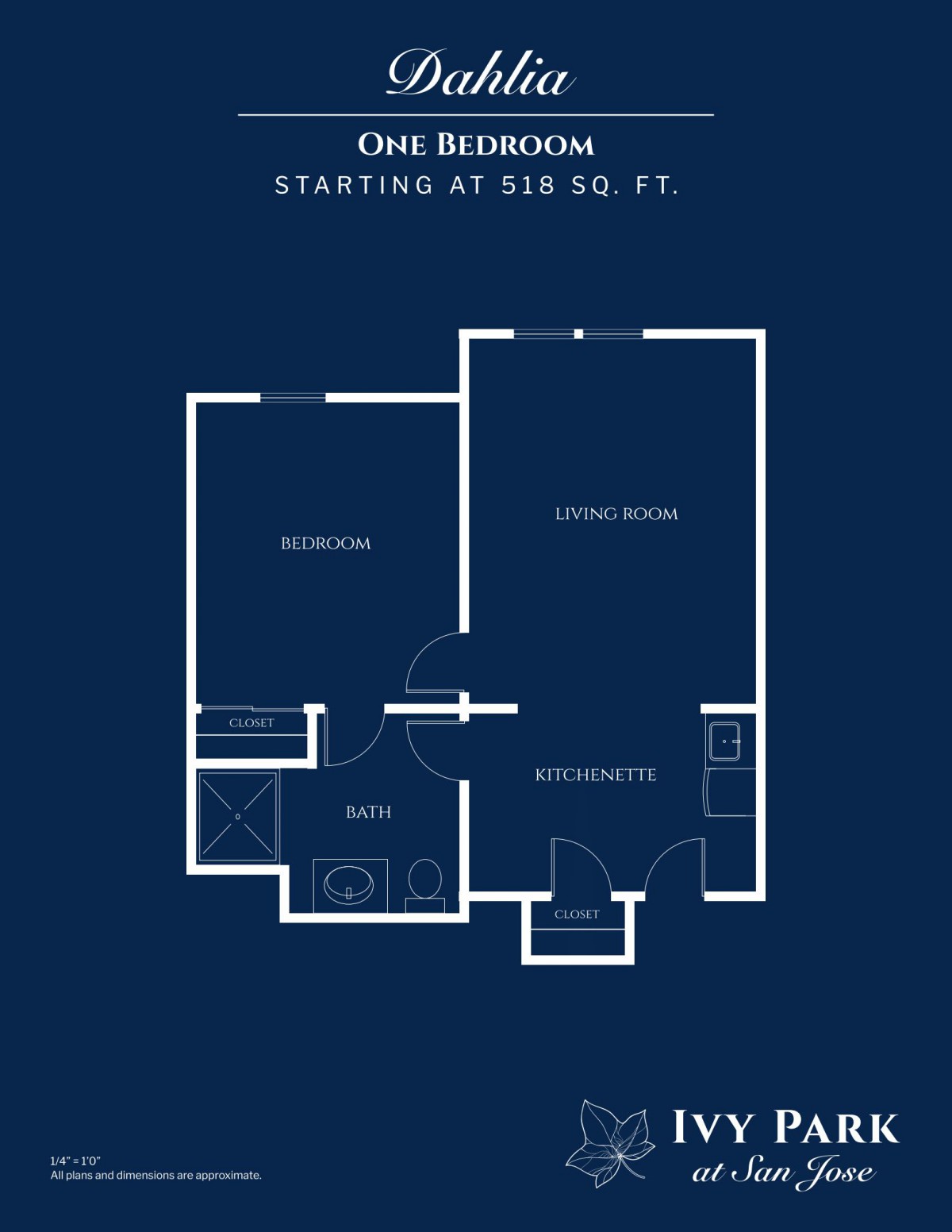 Floor plan of a one-bedroom apartment starting at 536 sq. ft.