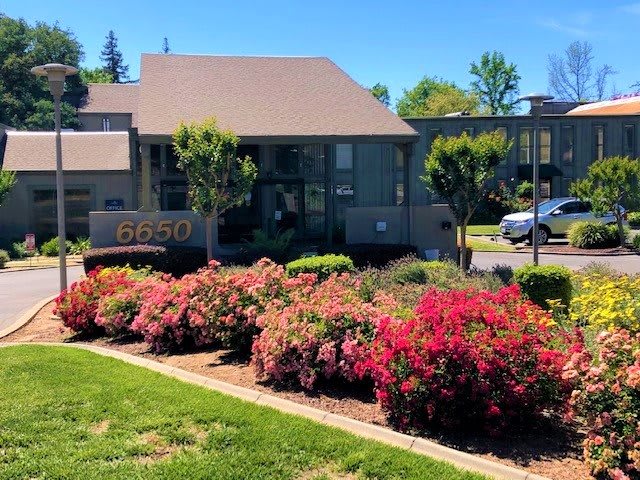 A well-maintained building with vibrant flowers and lush greenery under a clear blue sky.