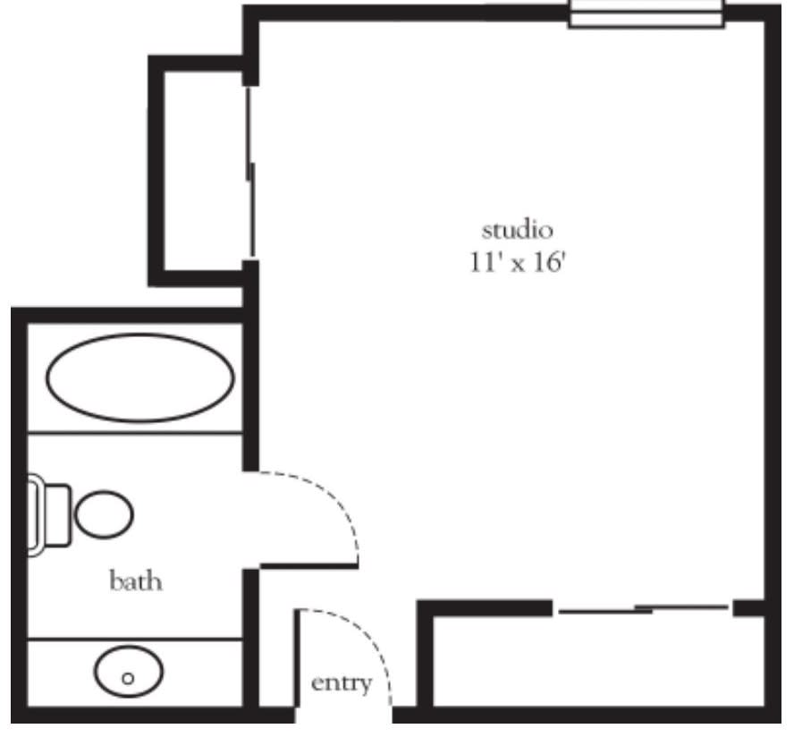 Floor plan of a studio apartment with bathroom.