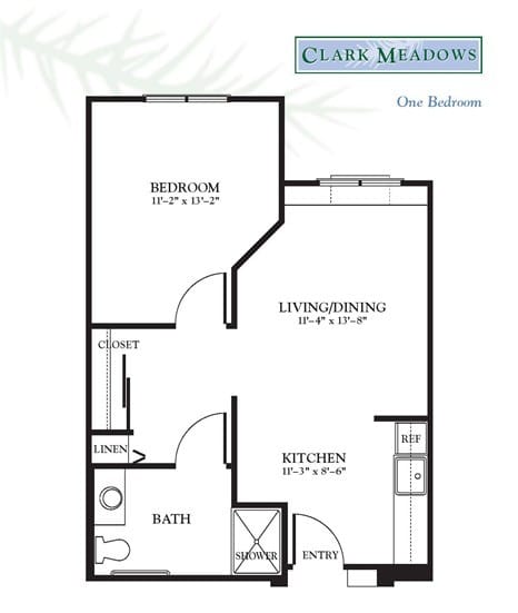 One-bedroom apartment floor plan with living/dining area, kitchen, bathroom, and closet.