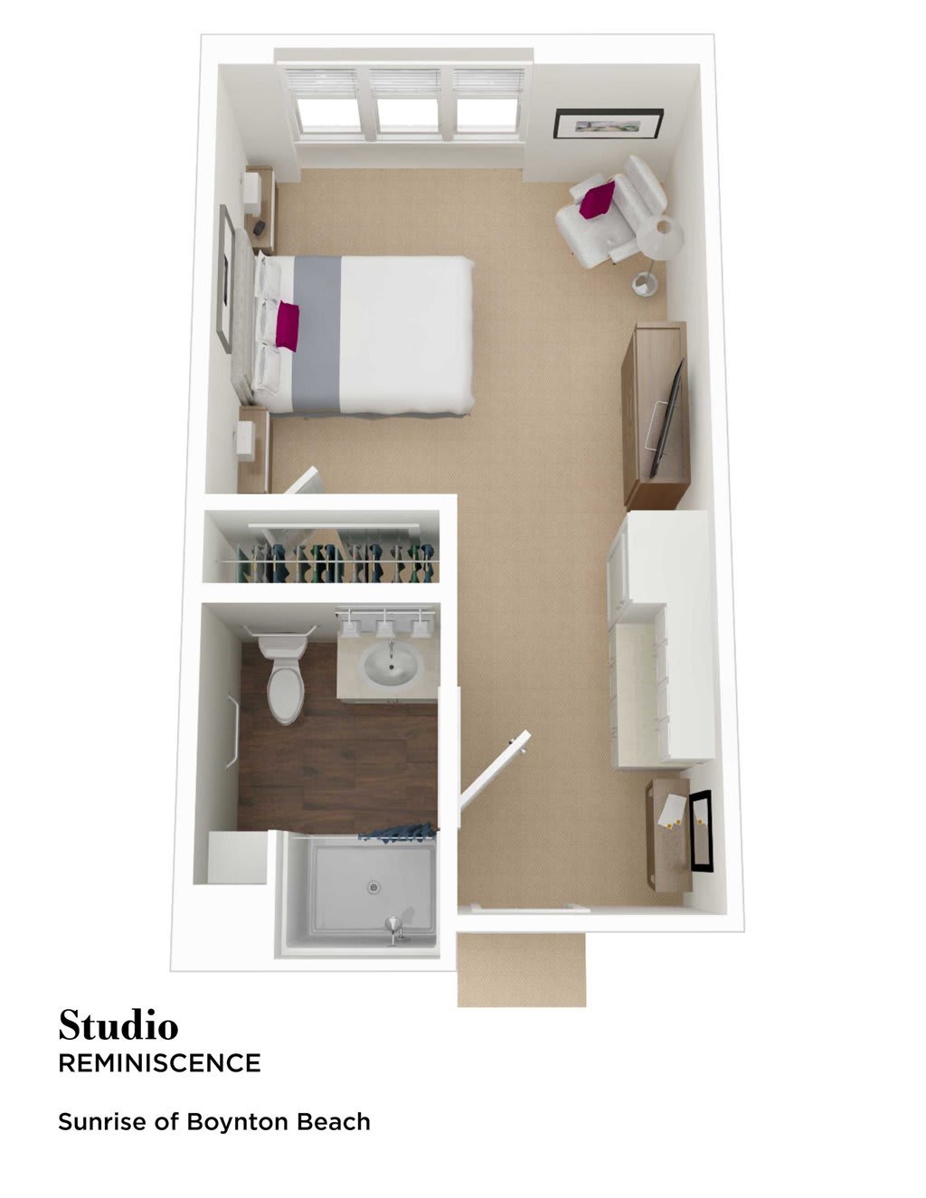 A 3D floor plan of a compact studio apartment featuring a bedroom area, bathroom, and small living space.
