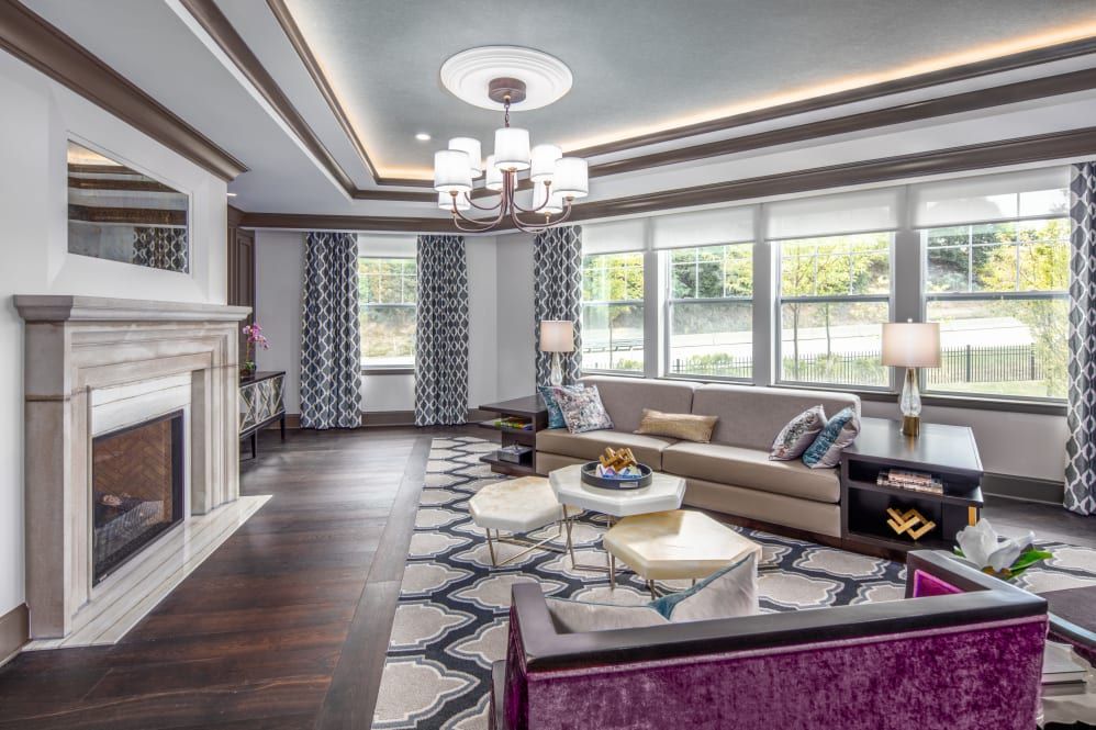 A modern living room with elegant decor, featuring a large sofa, geometric carpet, and a central chandelier.