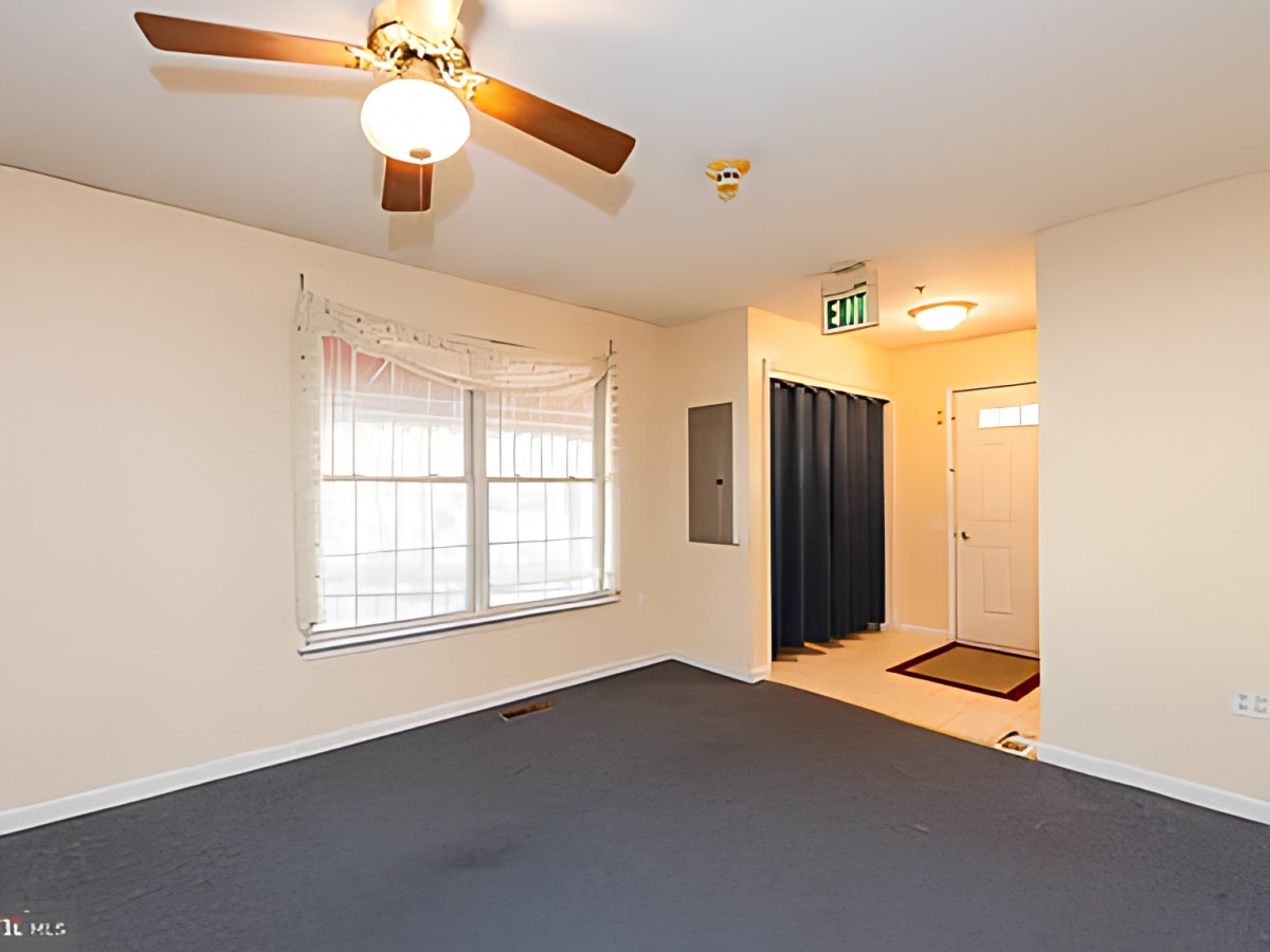 A spacious living room with a ceiling fan, large window, and carpeted floor.