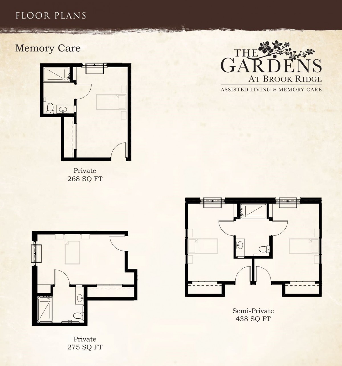 Floor plans for memory care with various room layouts.