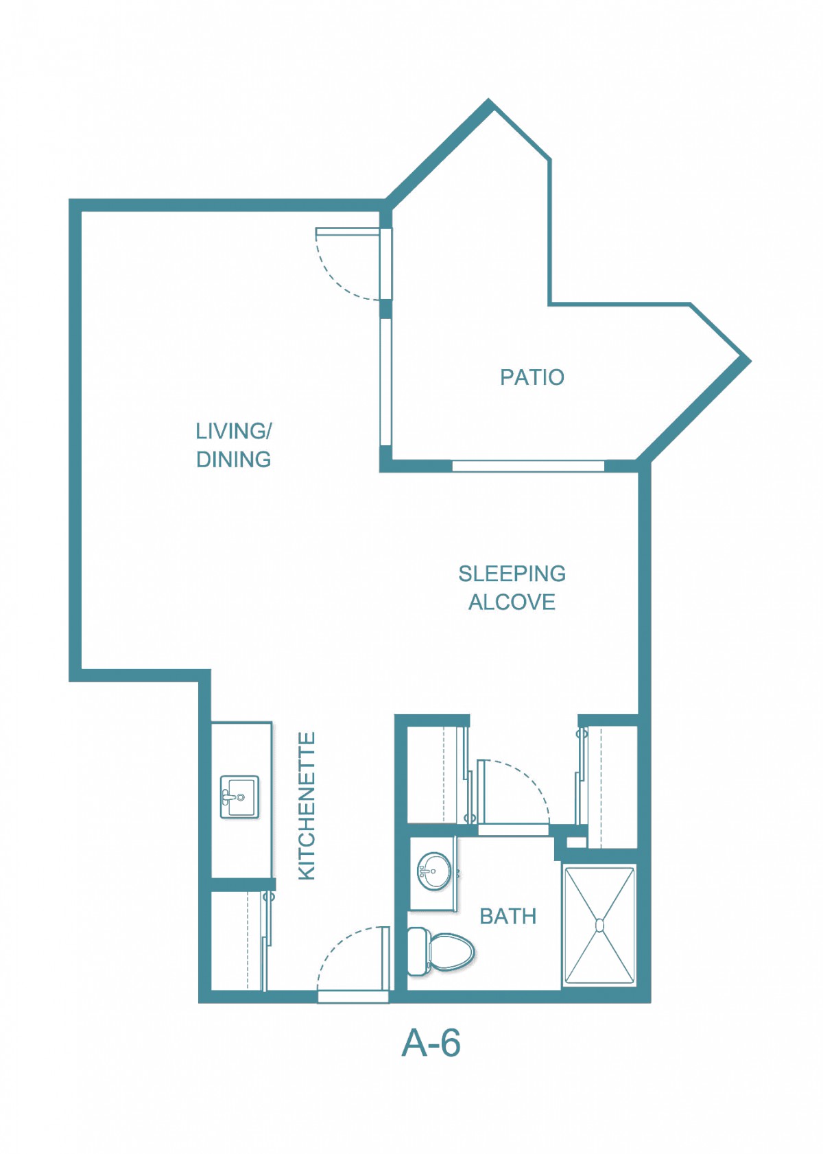 A floor plan of a studio apartment featuring living/dining area, sleeping alcove, bathroom, and patio.