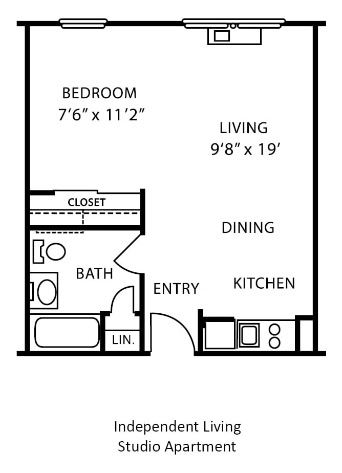 A floor plan of a small one-bedroom apartment featuring a kitchen, living and dining area, bathroom, and closet space.